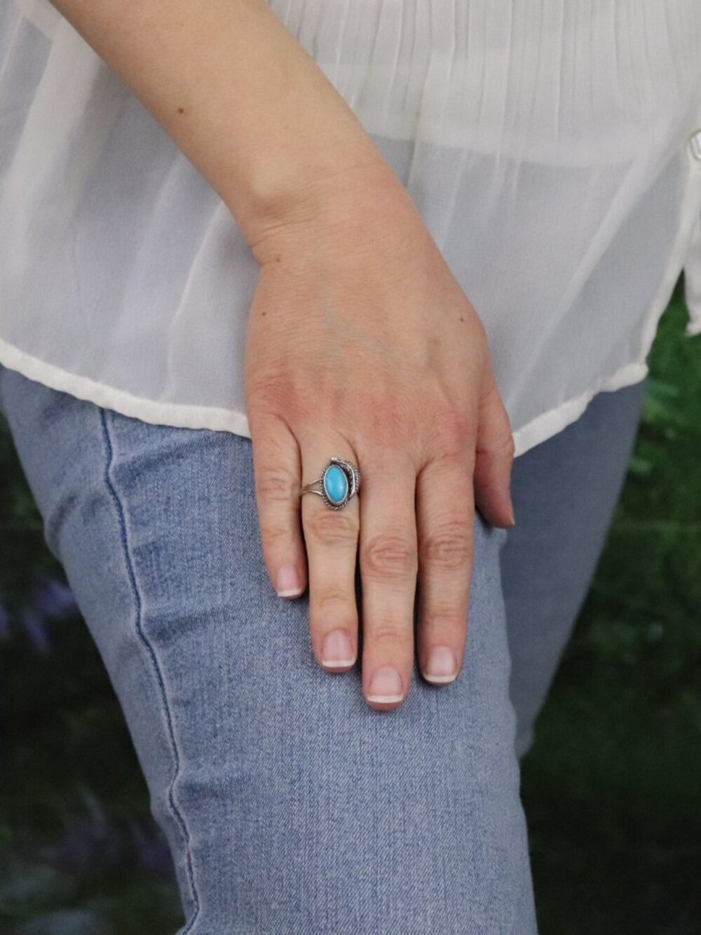Sterling Silver Natural Turquoise Ring Leaf Design Size 5 3/4 Woman Teen Child - Picture 3 of 7